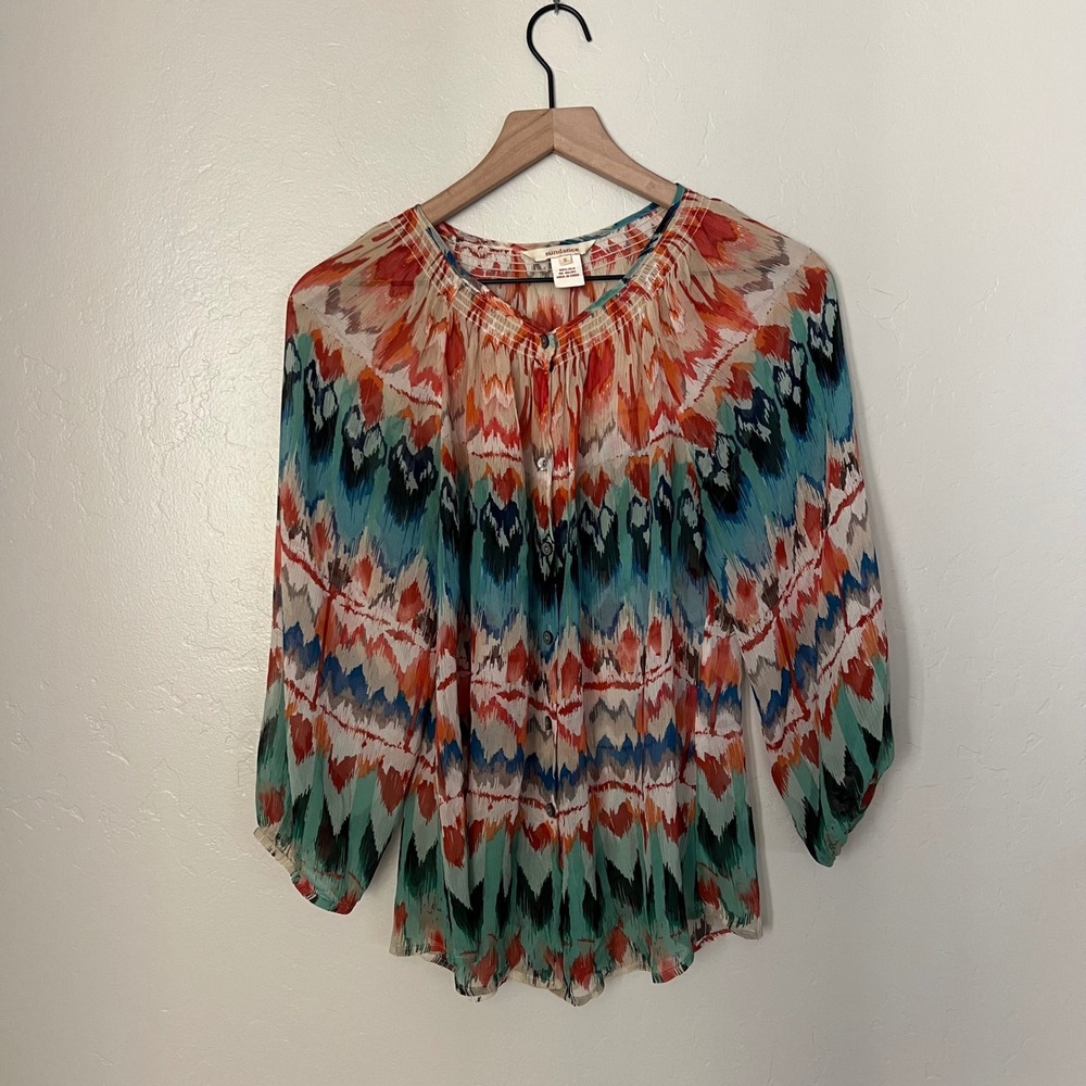 Sundance 100% Silk Abstract Print Boho Sheer‎ Blouse Women's Size Small